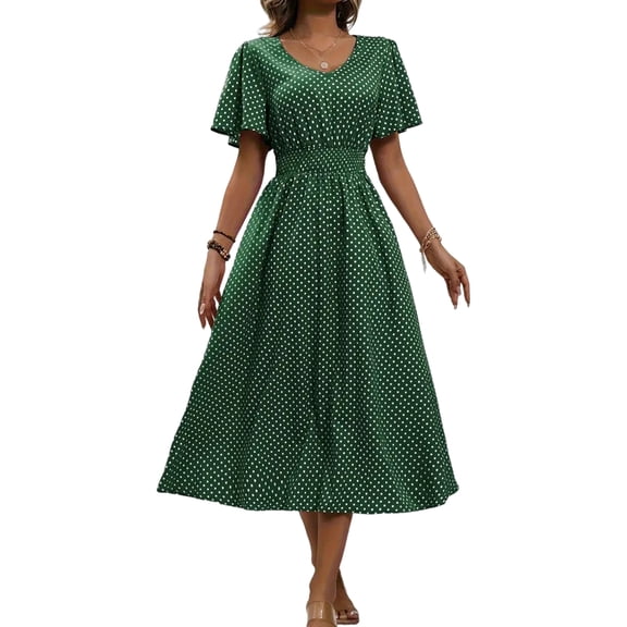 Women Casual Midi Maxi Dresses Polka Dot Print Short Sleeve V Neck Elastic Waist Boho Beach Dress Green S