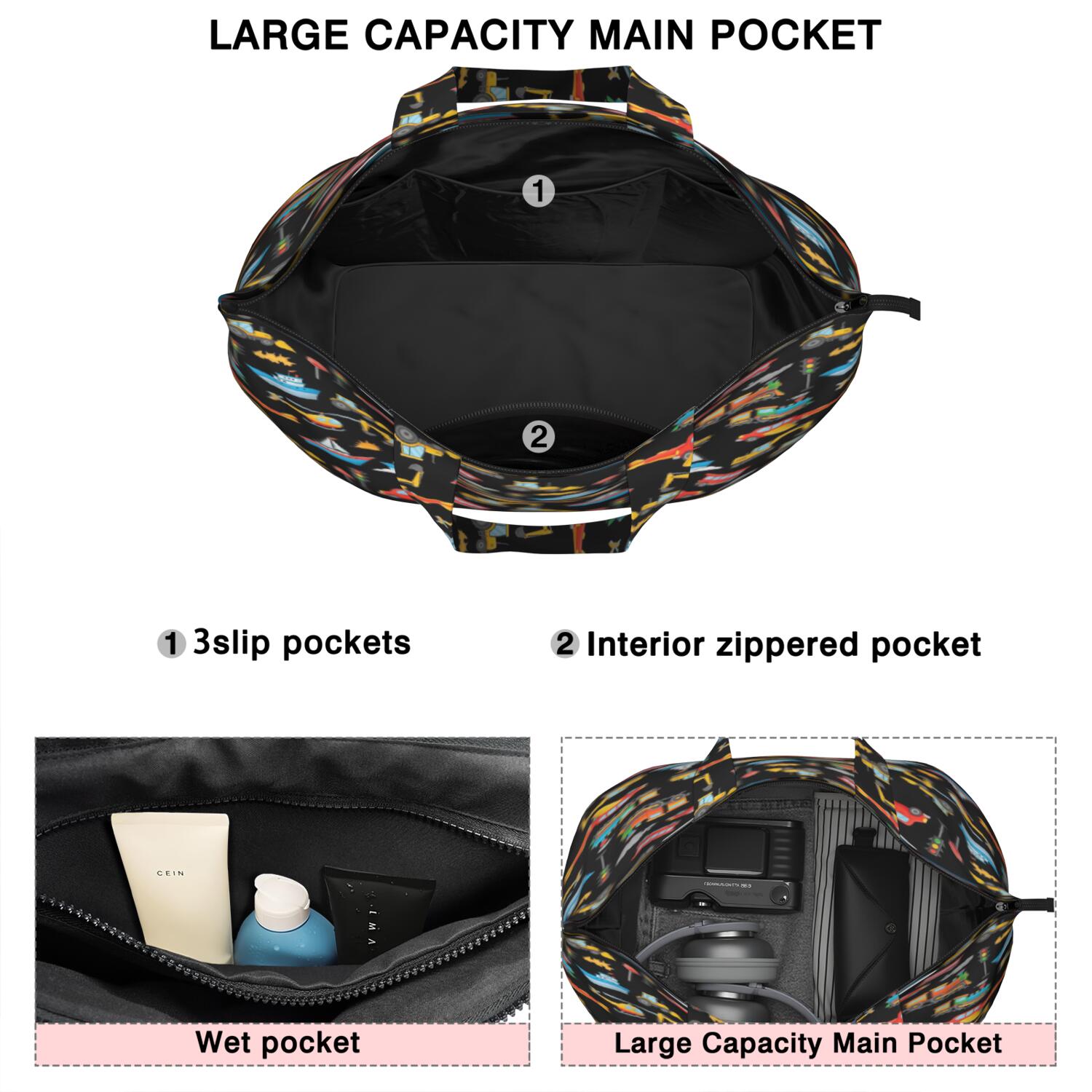 Cartoon Traffic Vehicles Boats Black Pattern Travel Tote Bags for Women Carry On,Large Weekender Bags for Women Travel,Multi Functional Duffle Bag for Work,Shopping,Sports