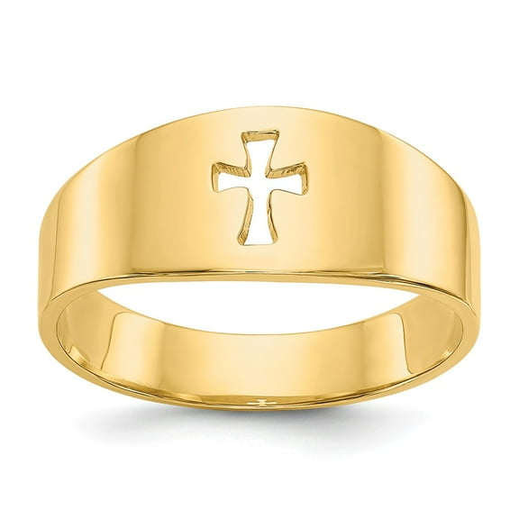 14K Yellow Gold Ring Band Themed Polished Cut-out Cross