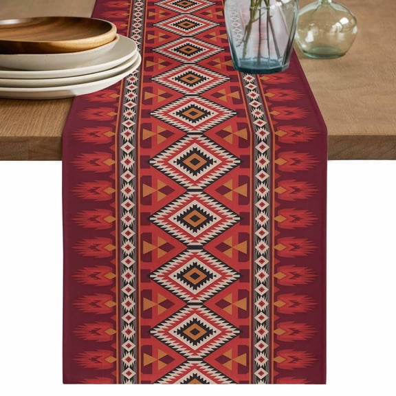 Table Runner 72 Inches Long for Kitchen Dining, Red Retro Boho Dresser Scarf Farmhouse, Dining Table Decorations for Wedding/Parties, Vintage Ethnic Tribe Abstract Art 14 x 72 In