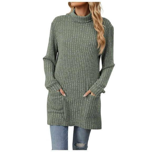 Sweater for Women Ribbed Knit Solid Tunic With Pocket Fashion Side Split Turtleneck Fall Sweaters