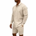 thumbnail image 3 of Ohufall Men 2 Piece Outfit Button Turndown Collared Loose Long-sleeve Shirt with Drawstring Elastic Waist Baggy Shorts Suit, 3 of 5