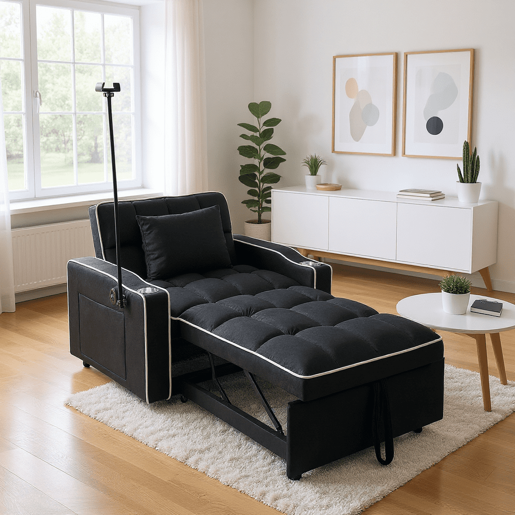 Gewnee 37.2''Convertible Sofa Bed with USB and Phone Holder,2 Cup Holders and 3 Adjustable Backrest,Suitable for Living Room,Apartment and Office.Black