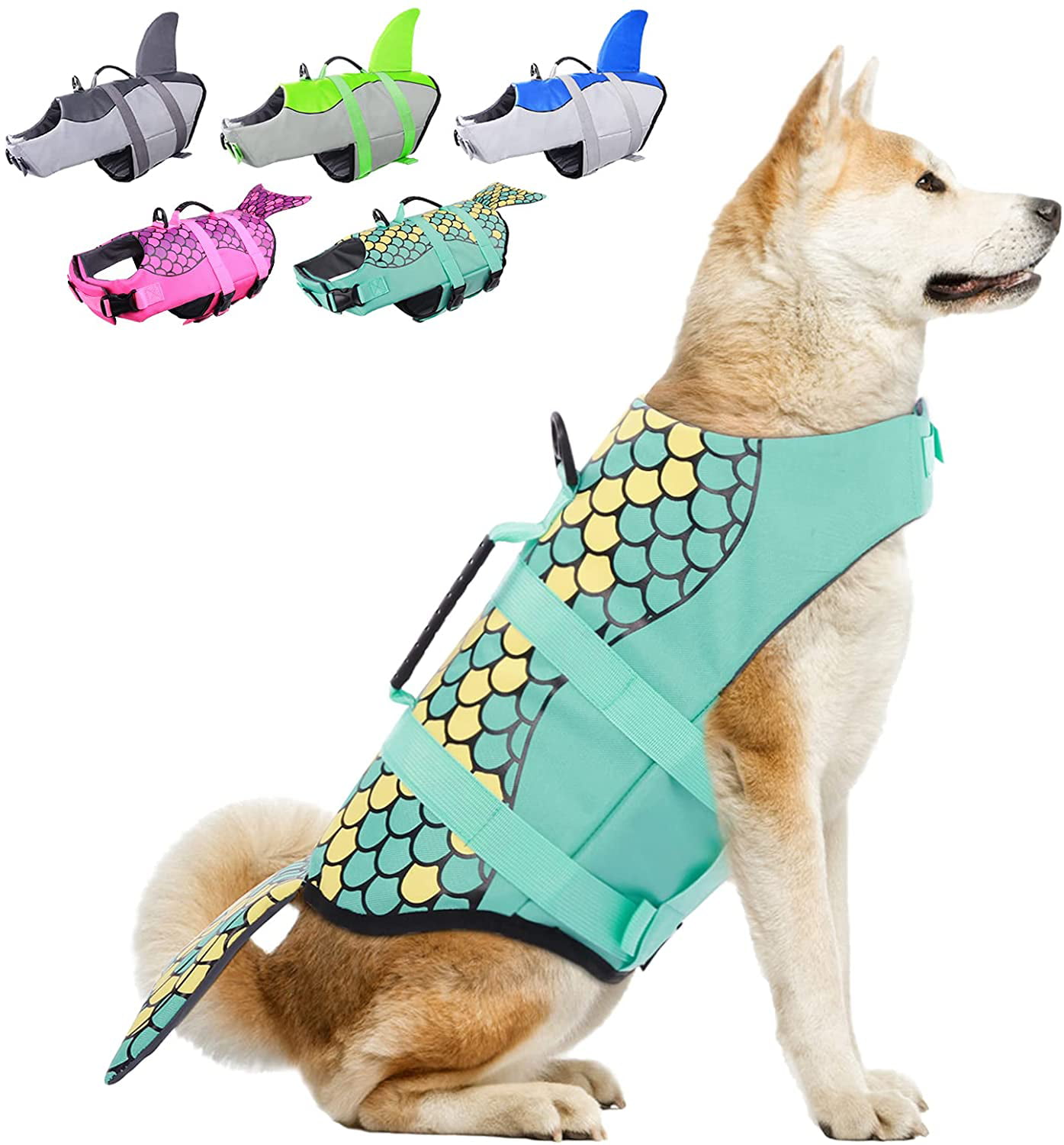 EMUST Dog Life Jacket Shark Pet Safety Swimsuit Preserver for Swimming Pool Beach Boating Ripstop Dog Lifesaver Vests with Rescue Handle for Small Medium and Large Dogs 