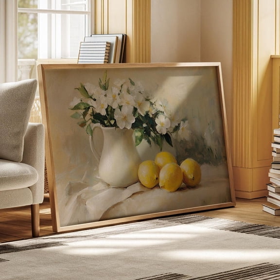 Vintage Still Life White Floral Vase Lemons Rustic Kitchen Wall Art Poster, Poster Only