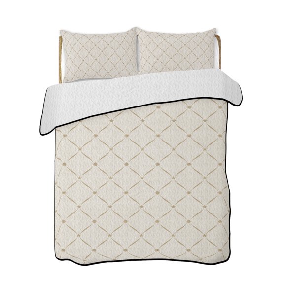 Full Size Quilt Bedding Set, Beige Plaid Reversible Summer Quilt 3 Pieces, Classic Minimalist Abstract Geometric Grid Lightweight Bedspreads Coverlets with 2 Pillow Shams for All Seasons