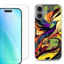 For iphone 16 Plus Phone Case Cover, Shockproof Case with Tempered Glass Screen Protector, by OneToughShield - Abstract Bird