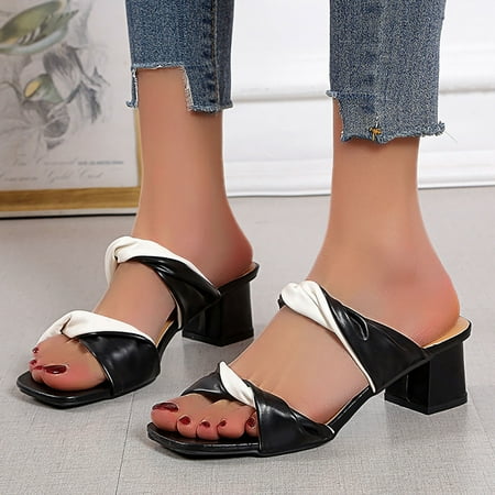 

ZHELIYO Women s sandals Ladies Summer Fashion Leather Non Slip Classic Square Head Outdoor Open Toe Wear Off Thick Heel Sandals Black 8.5