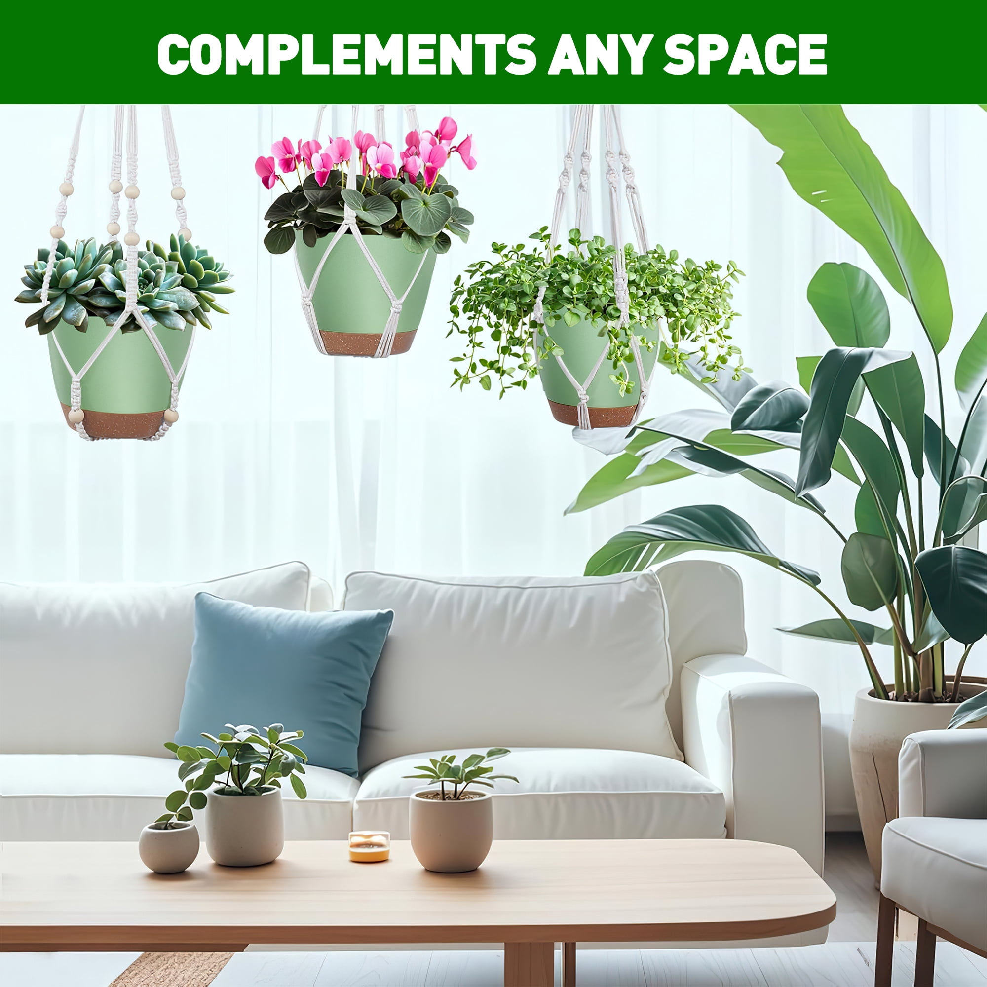3-Pack Self Watering Hanging Plant Pots with Macrame Hangers, Plastic Planters with Drainage Holes and Saucers, Indoor Outdoor Flower Pots, Includes 3 Ceiling Hooks, 7"/6"/5.5" (Green)