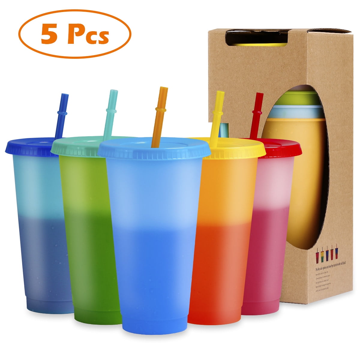 Chainplus Cups with Lids (5 pack) 24oz Colored Acrylic Reusable Cups