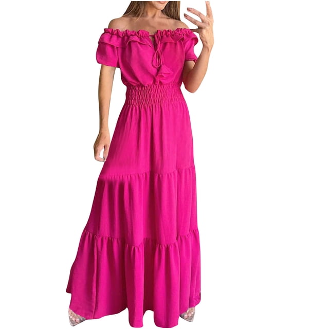 Besolor Robe Maxi d'Été 2024 pour Femme à Épaules Dénudées, Manches Courtes, Taille Haute, à Volants, à Étages, Fluide, Longue, de Plage, Soleil