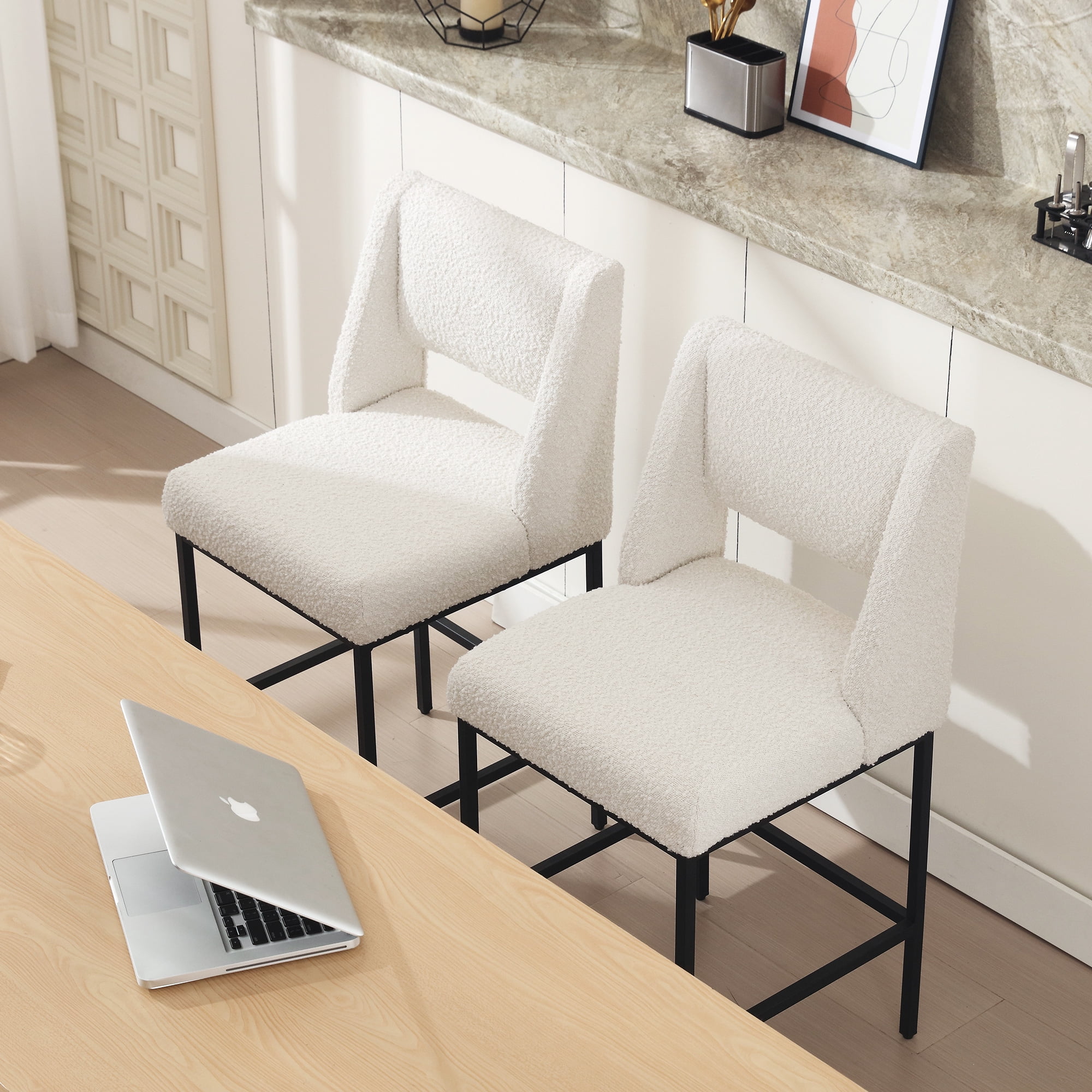 Zesthouse 26.4" Modern Counter Stools Set of 4, Boucle Fabric Bar Stools with Back and Metal Legs, Extra Thick Upholstered Counter Height Chairs for Kitchen Island, White