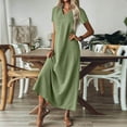 thumbnail image 5 of Evdexr Cotton T-Shirt Dress Women Linen Maxi Shirt Dress V Neck Flowy Solid Colour Short Sleeve A-Line Dresses Flowy Plus Size Loose Casual Dress with Pockets Green M, 5 of 7