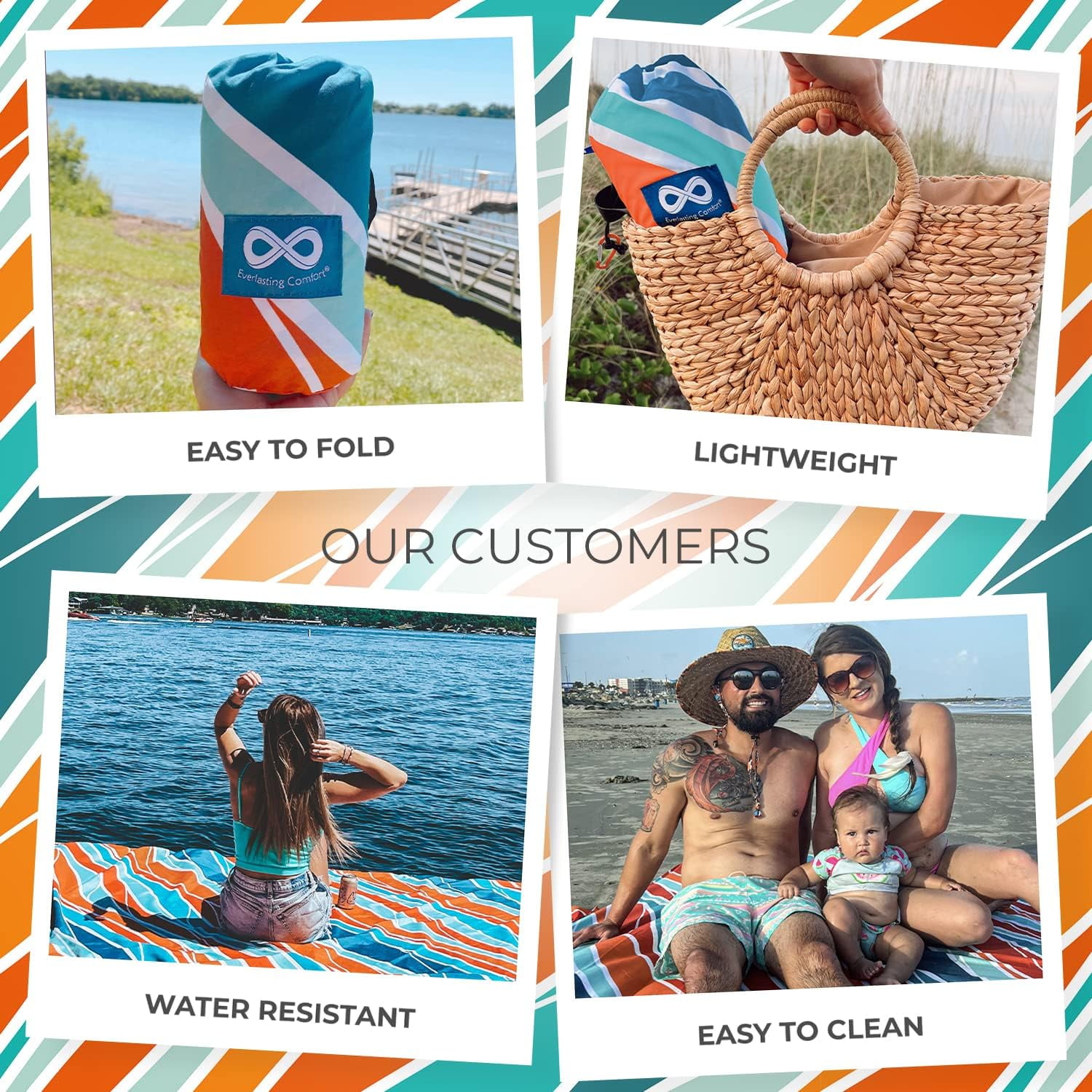 Everlasting Comfort Oversized 4-Person Beach Blanket – Large Outdoor Sandproof Mat, Tulum Orange, Portable with Carry Bag