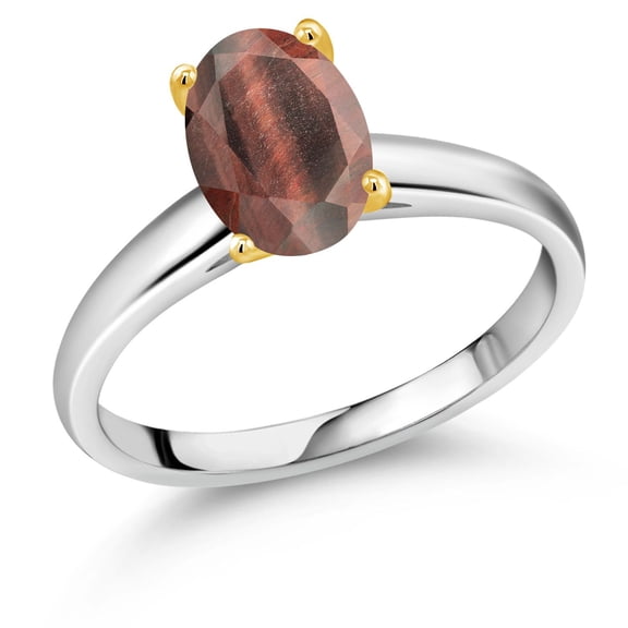 Gem Stone King 1.50 Ct Oval Red Tiger Eye 10K White and Yellow Gold Ring Ring (Size 7)