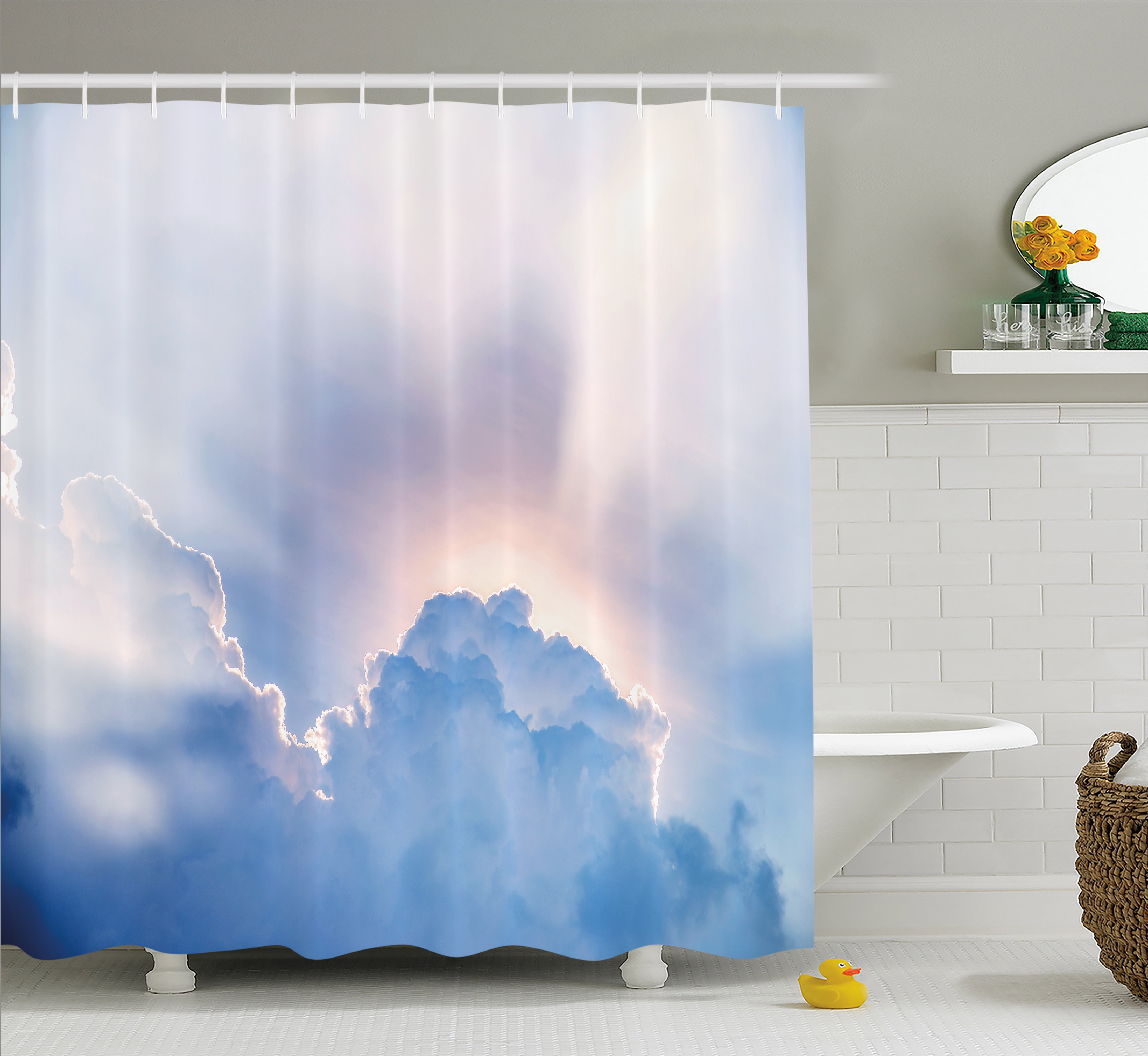 Sun Shower Curtain, Sunbeam Behind Fluffy Clouds Sky Sunrise View Inspiratonal Spiritual Nature