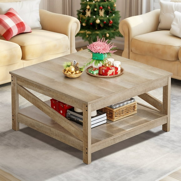Square Coffee Table with Storage, Farmhouse Cocktail Center Table for Living Room, Oak