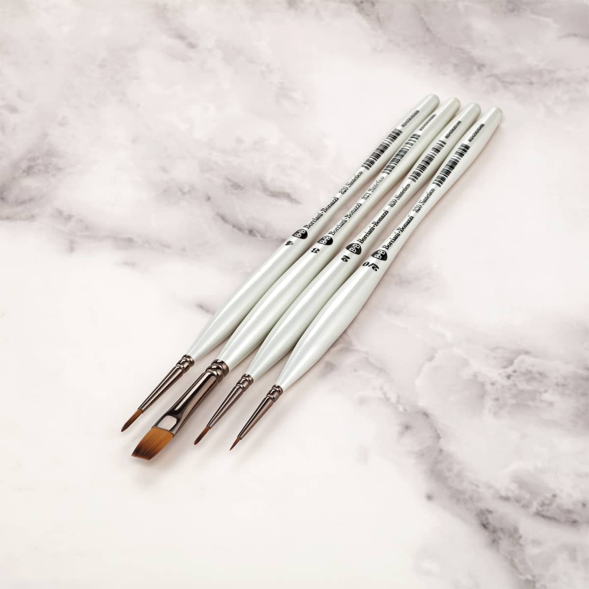 Borciani e Bonazzi Unico Fiamatto Synthetic Paint Brush, Assorted Set of 4 - For Acrylic and Watercolor Painting - Ergonomic Handle, Animal-Friendly, Brass Ferrule, Handcrafted in Italy