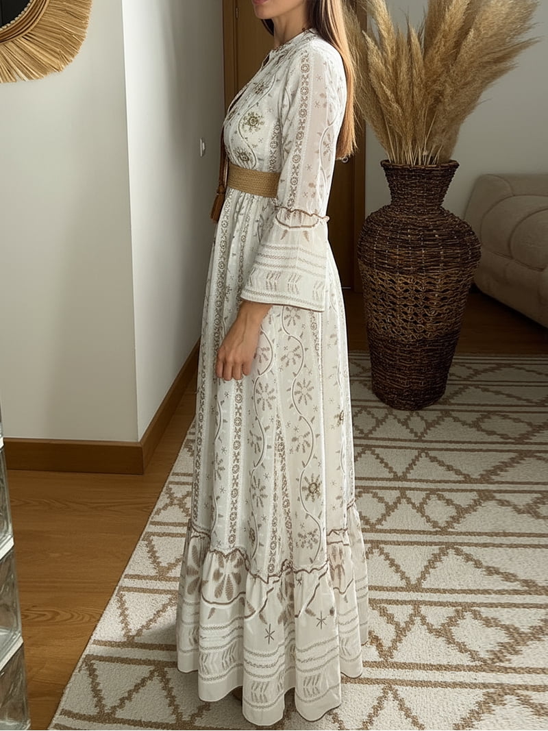 Zanvylia Bohemian White Lace Maxi Dress, V-Neck Long Bell Sleeve Waist Belt Semi-Sheer Floral Embroidery Vacation Dress, Women's, Size: 5XL