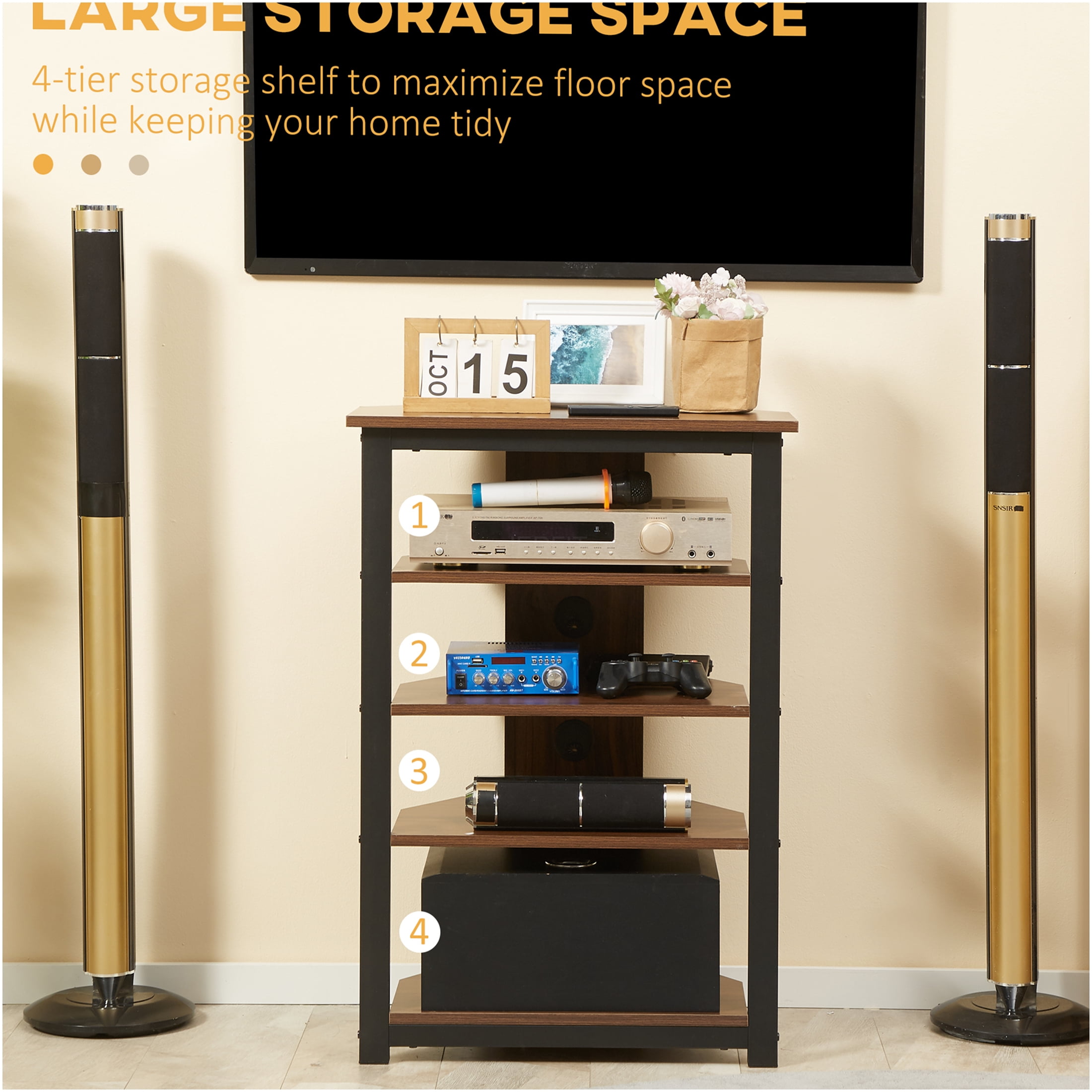 JERFIT Corner TV Stand for TVs up to 29", Brown Media Entertainment Center with Storage Shelves, Space Saving Design for Living Room