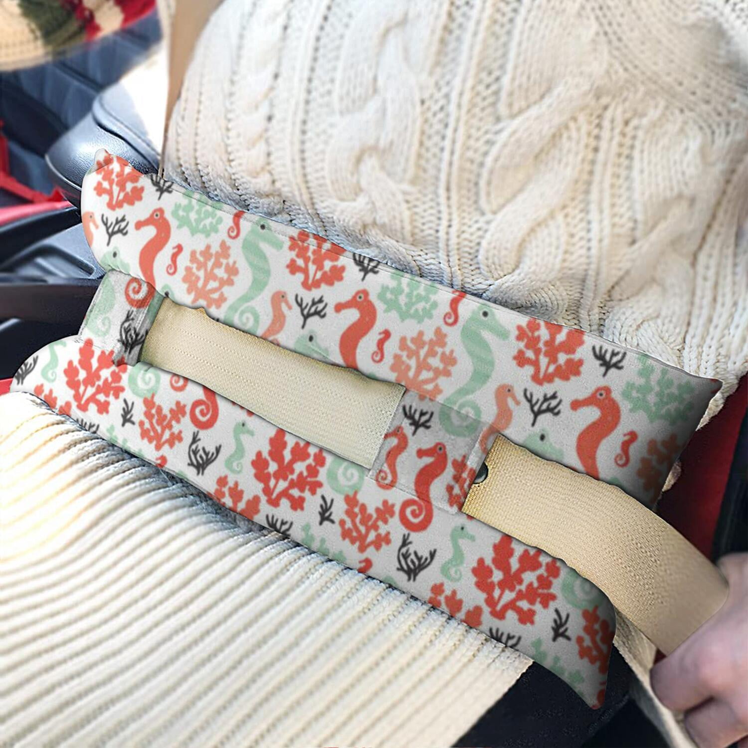 Tropical Seahorse Seat Belt Cushion for Post-Surgery Recovery - Plush Mastectomy Pillow with Coastal Marine Life Prints, Pressure Relief Pad for Women
