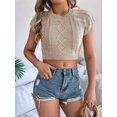 thumbnail image 3 of Womens Cable Knit Crop Tops Cap Sleeve Crew Neck Slim Fit Solid Color Stretchy Summer Sweater Short Sleeve Tee Khaki S, 3 of 8