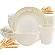 Wheat Straw Dinnerware Sets,Dish Sets for 8,Plates and Bowls Set Dishwasher Safe,Unbreakable Dinnerware,Reusable Tableware Set,Beige Color 16pcs Plates, 8pcs Bowls, 8pcs Cups.