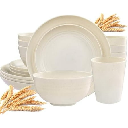 Wheat Straw Dinnerware Sets,Dish Sets for 8,Plates and Bowls Set Dishwasher Safe,Unbreakable Dinnerware,Reusable Tableware Set,Beige Color 16pcs Plates, 8pcs Bowls, 8pcs Cups.