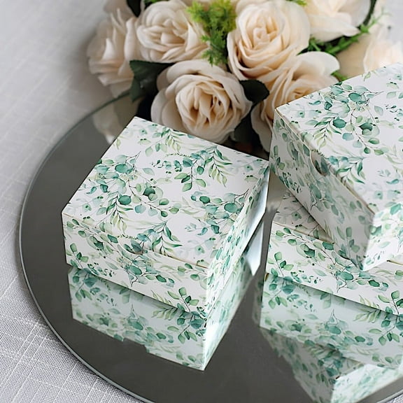 Balsa Circle 25 pcs Eucalyptus Green 4x4 in Floral Printed Square Gift Boxes Party Favor Holders Wedding Events Reception Decorations Supplies