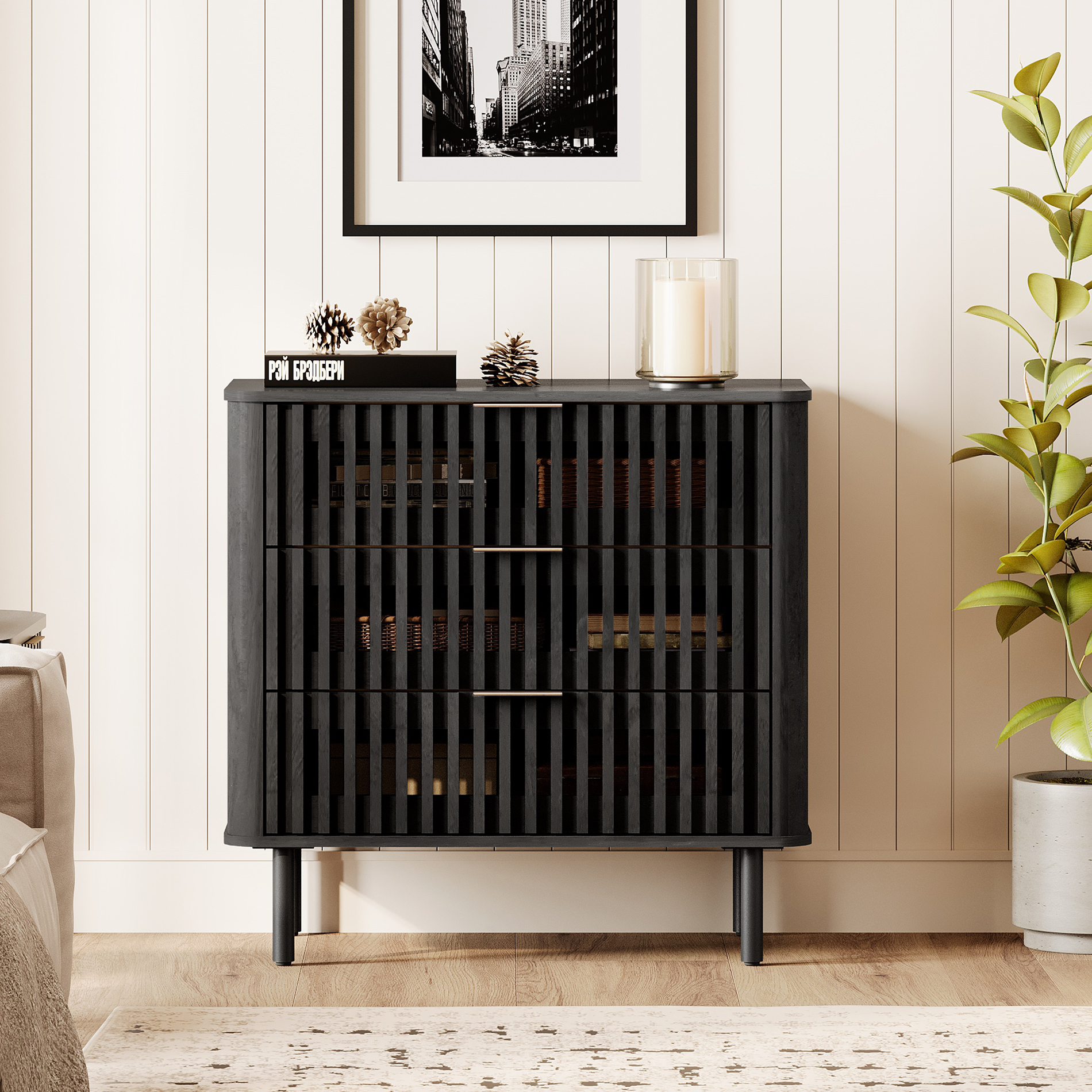 31.5"W Sideboard Buffet Cabinet with Storage, Fluted Kitchen Buffet Storage Cabinet with 3 Drawer, Large Coffee Bar Cabinet, Modern Buffet Table for Dining Living Room, Black
