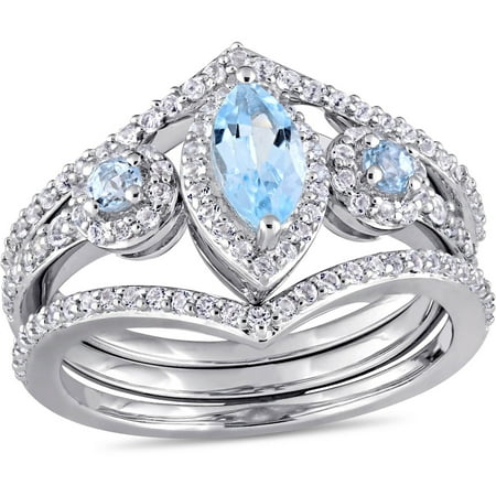 Tangelo 1-2/5 Carat T.G.W. Marquise and Round-Cut Blue Topaz and Round-Cut White Topaz Sterling Silver Three-Stone Three-Piece Floral Ring Set
