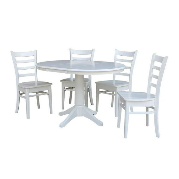 36" Round Dining Table with 12" Leaf and 4 Emily Chairs – White - 5 Piece Set