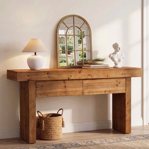 TRIBEWOOD 63" Soild Wood Console Table with 2 Drawers, Farmhouse, Hallway