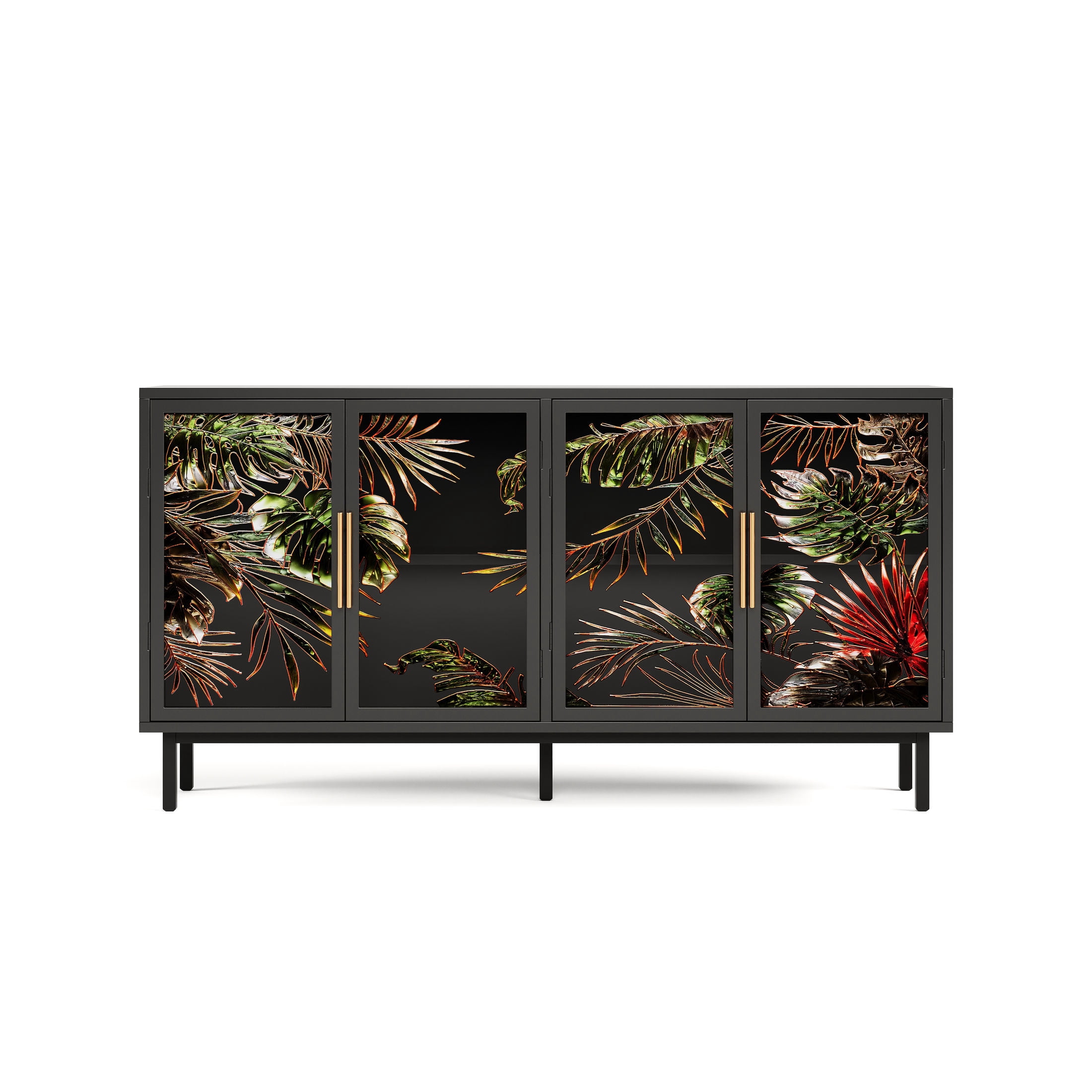 Noble House 60.4" Wooden Buffet Cabinet with Tropical Plant Glazed Glass Doors, Retro Storage Console Table, Black