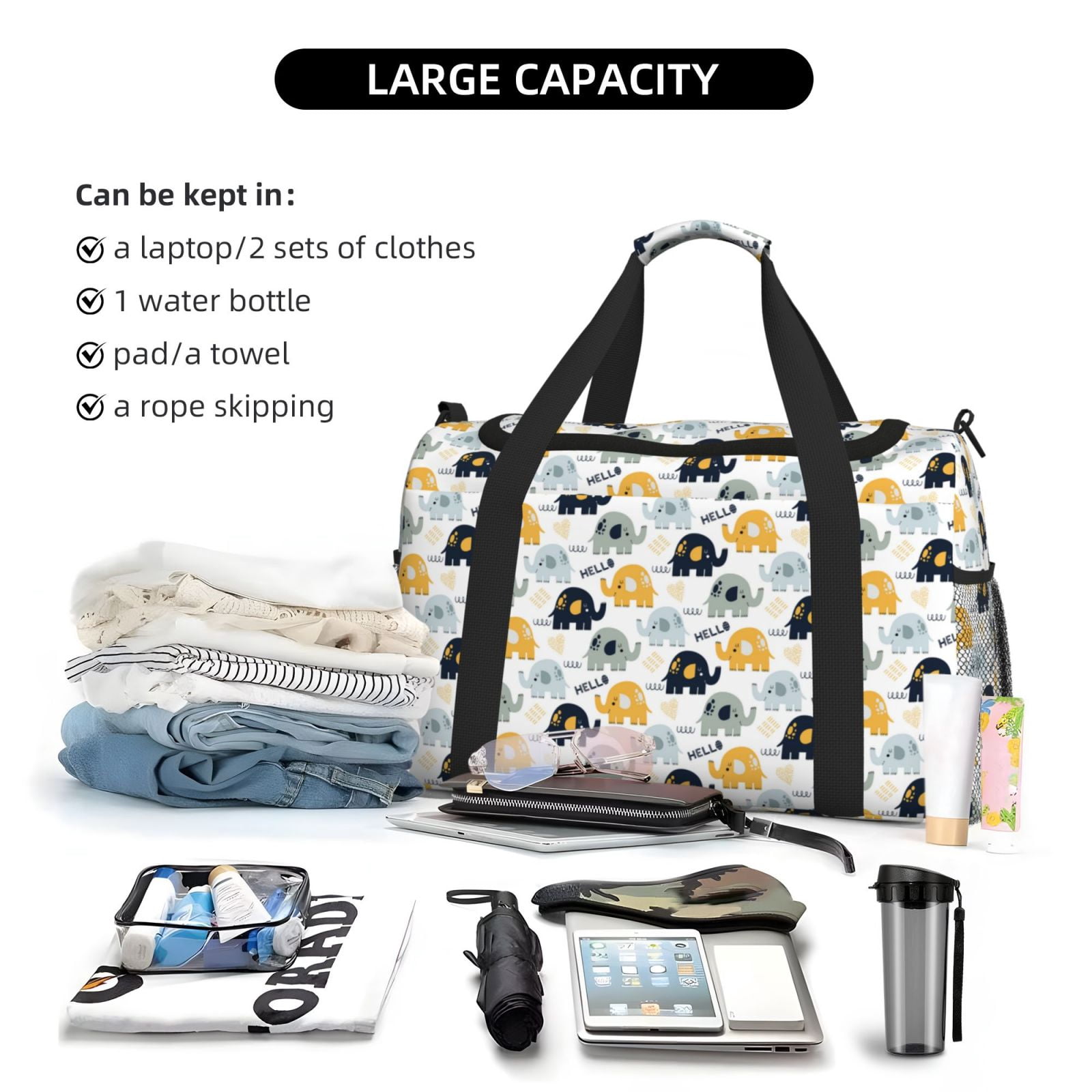 Fuzoiu Cute Elephant Print Travel Duffle Bag,Carry On Tote Bags,Duffel Bag,Sport Gym Bag, Hospital Bag for Labor and Delivery, Overnight Bag,Luggage Bag
