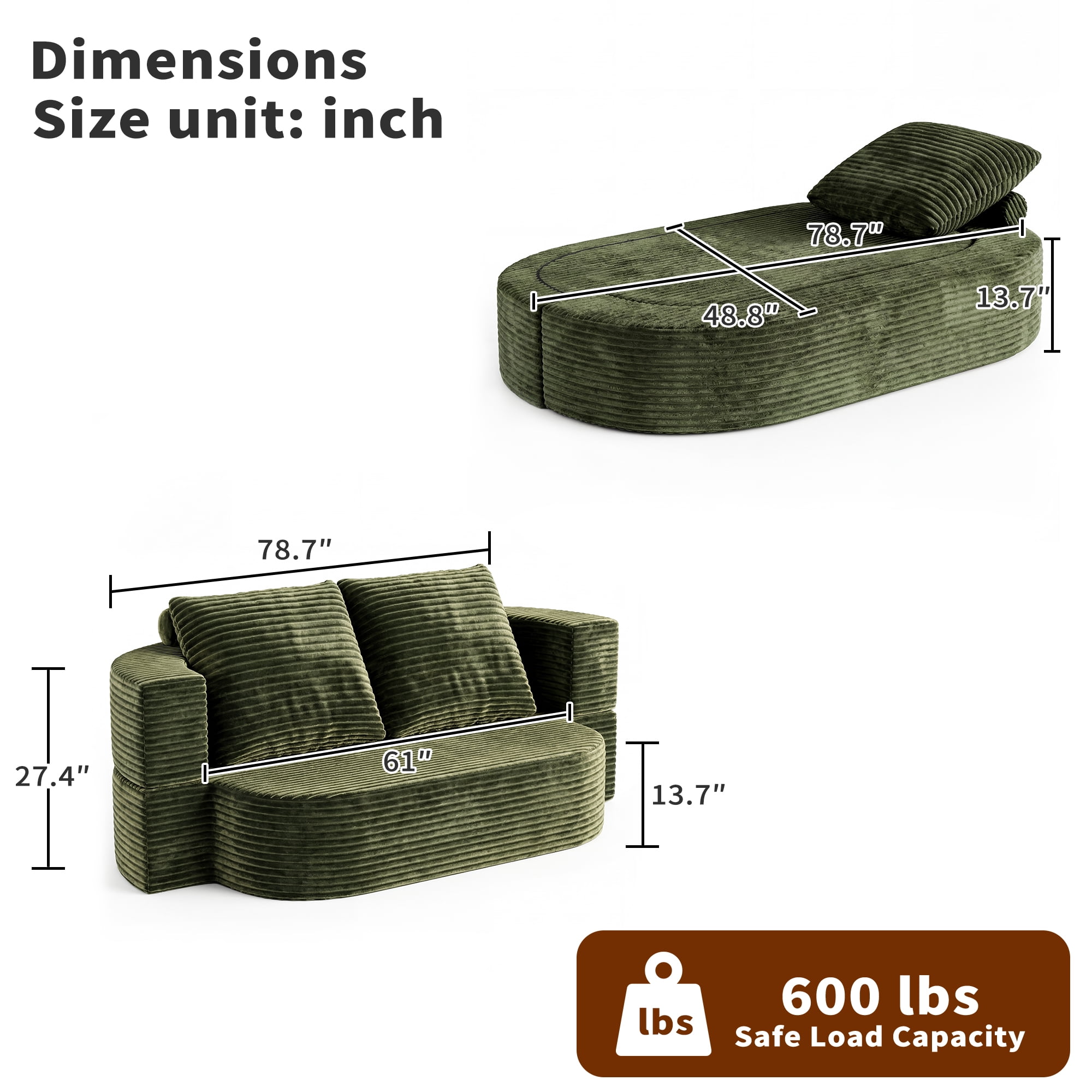 Floor Sofa, Full Size Sleeper Couch, Folding Futon Sofa Bed with Corduroy Fabric, Foam-Filled Mattress, 2-in-1 Convertible Loveseat, 78.7-Inch Width, No Assembly Required for Apartment, Green
