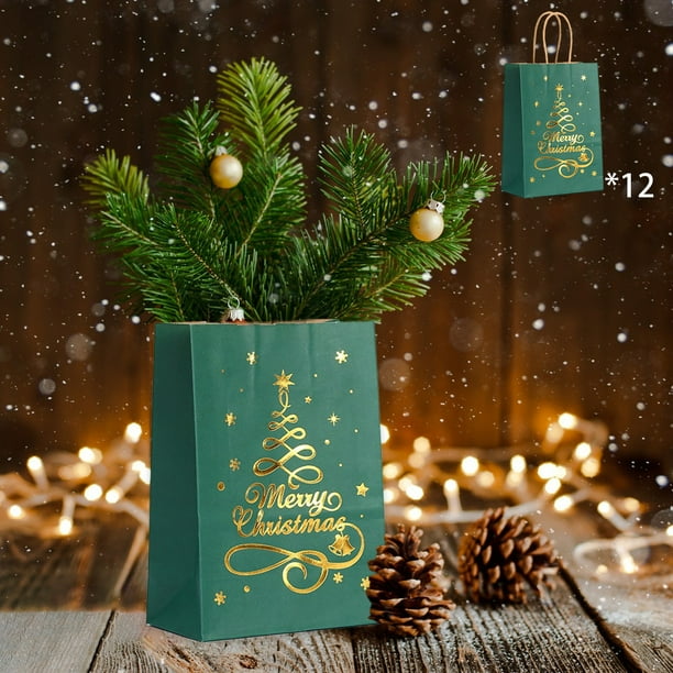Bolsas de Regalo Kraft (Paquete de 12) Bolsas de Compras Portátiles Bolsas de Mano Bolsas de Papel para Estampar Bolsas Navideñas Bolsas para Envolver Regalos de Fiesta