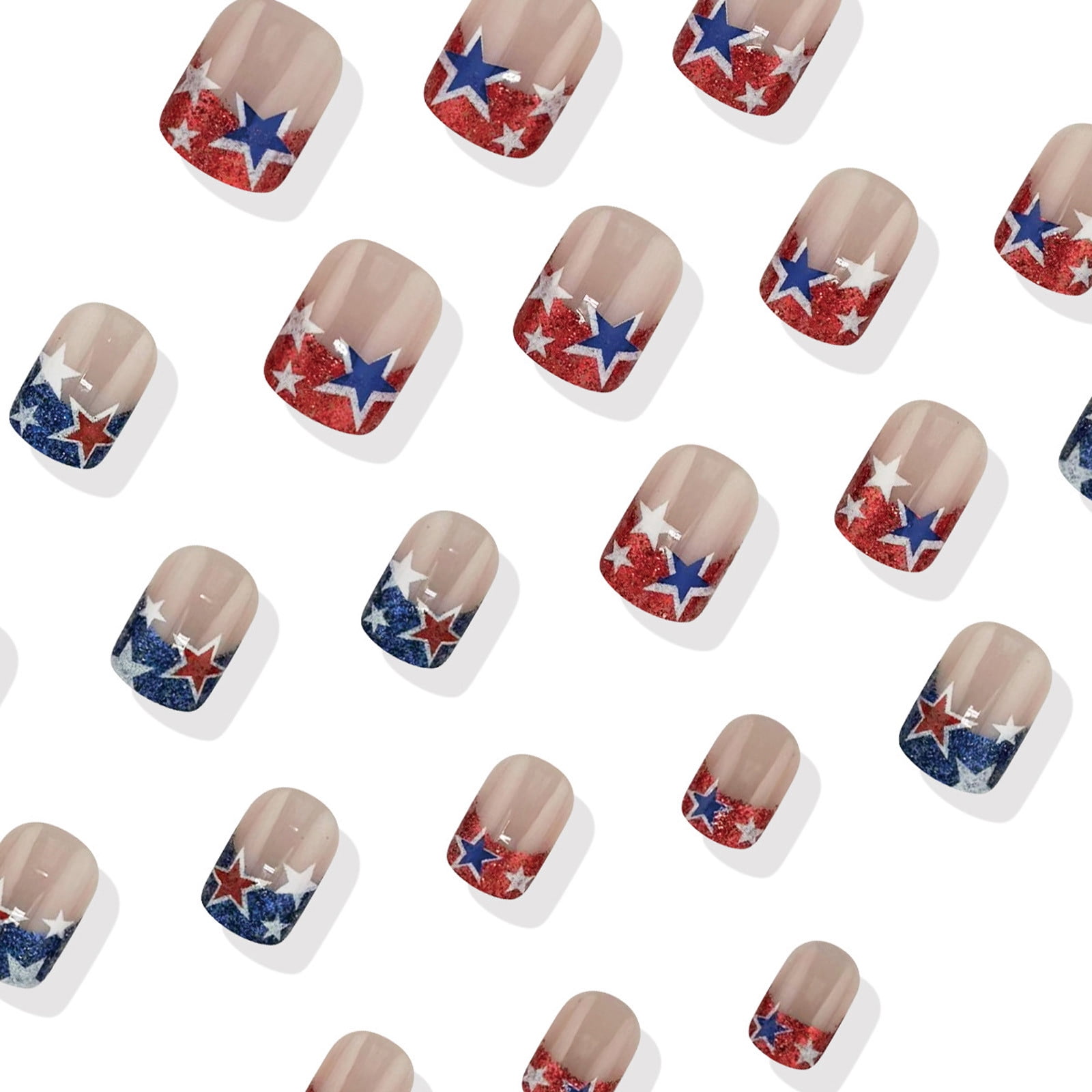 Herunwer 4th of July Press on Toenails Short Square Fake Toenails with Stars Designs Glossy Toe Nail Press ons Red Blue Acrylic Toenails Independence Day Glue on Toe Nails(4 Pack)