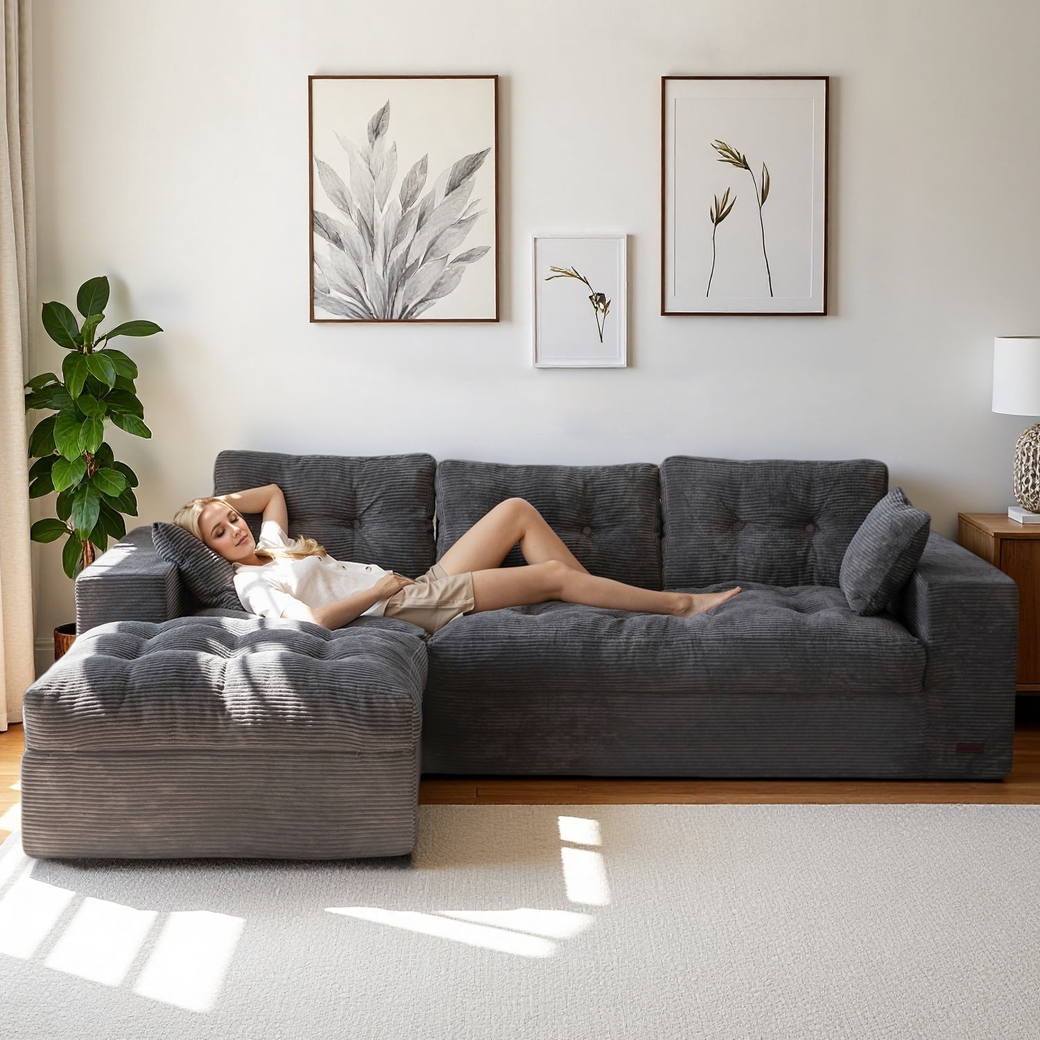 BYBYME 104"Oversized L-Shaped Sectional Sofa Cloud Boneless Modular Couch,Upholstered Sofa with Convertible Left/Right Ottoman for Living Room Bedroom,No Assembly,BLACK
