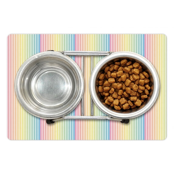 Pinstripe Pet Mat for Food and Water, Composition of Blended Soft Pastel Gradient Colored Vertically Striped Pattern, Non-Slip Rubber Mat for Dogs and Cats, 18" X 12", by Ambesonne