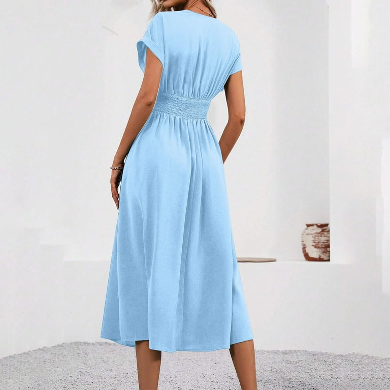 ITSAME Dresses for Womens, Solid Color V-Neck Short Sleeve Summer Elegant  Smocked Long Dress Sky Blue M - Walmart.com
