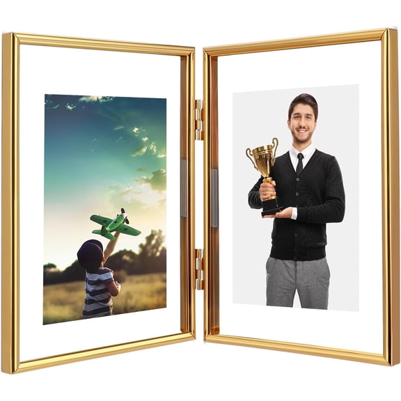Gold Folding Double Frame,Floating Picture Frame with Hinge, For 5"7" 4"6" 3"5", Vertical, Tabletop Use, Photo Display,tabletop hanging,Gift Ideas,Home Decor