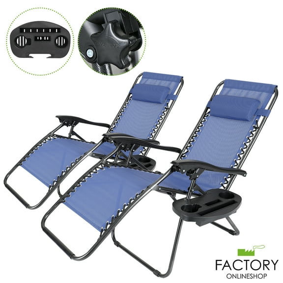 Geniqua 2 PC Blue Zero Gravity Lounge Chairs Folding Outdoor Beach Patio Recliner Tray Holder