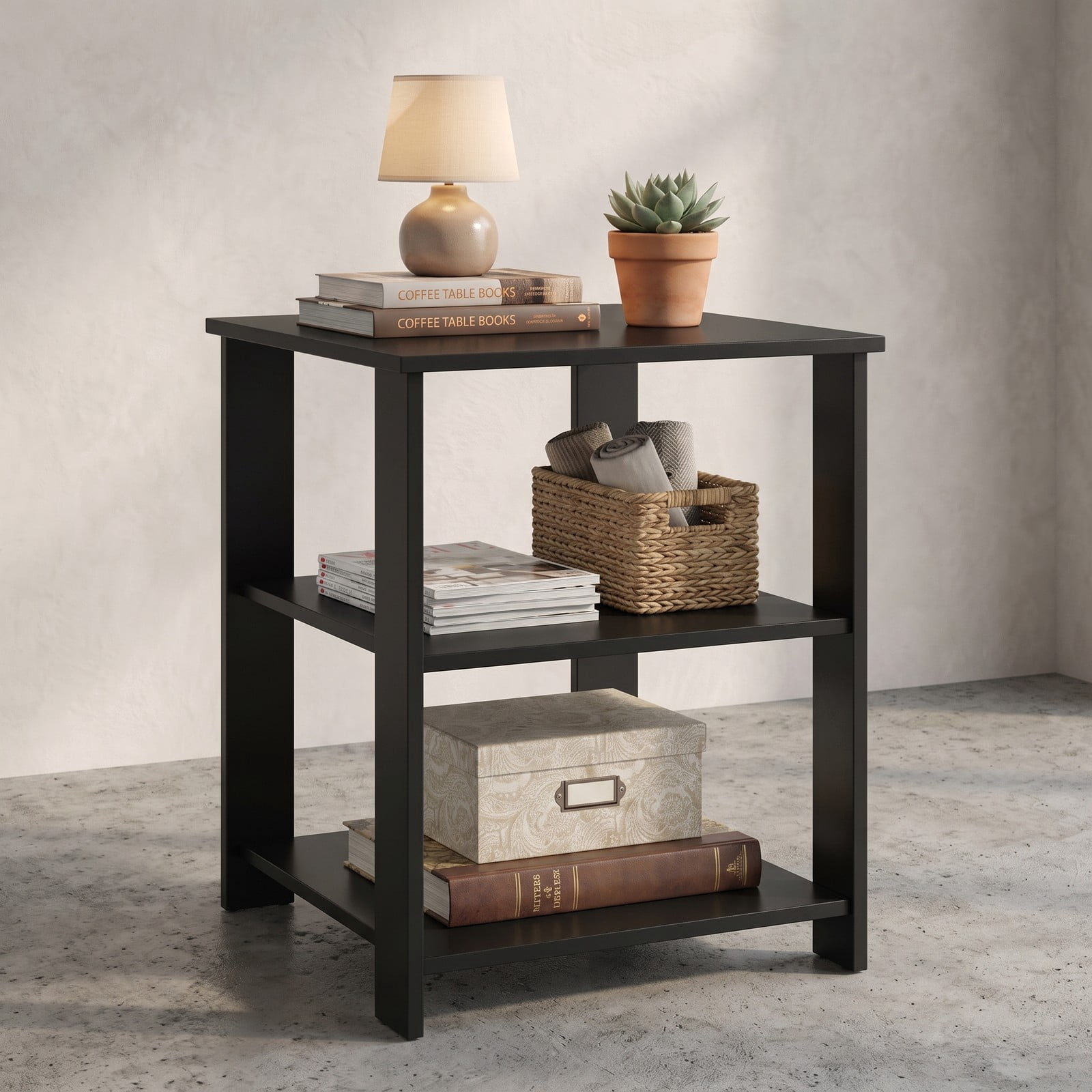 Furnibear 3-Tier Nightstand Square Side Table with Open Storage Shelves, Modern Bedside End Table Sofa Side Table for Bedroom Living Room Small Spaces, Black