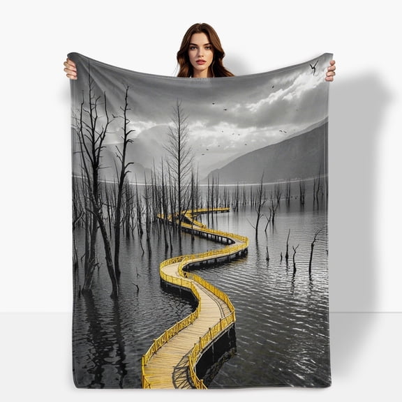 Natural Scenery Deadwood Boardwalk Water Area Cozy Flannel Blanket For Sofa Bed Travel Camping Living Room Office Chair Soft Warm Comfortable Polyester Gift For Family Or Friends