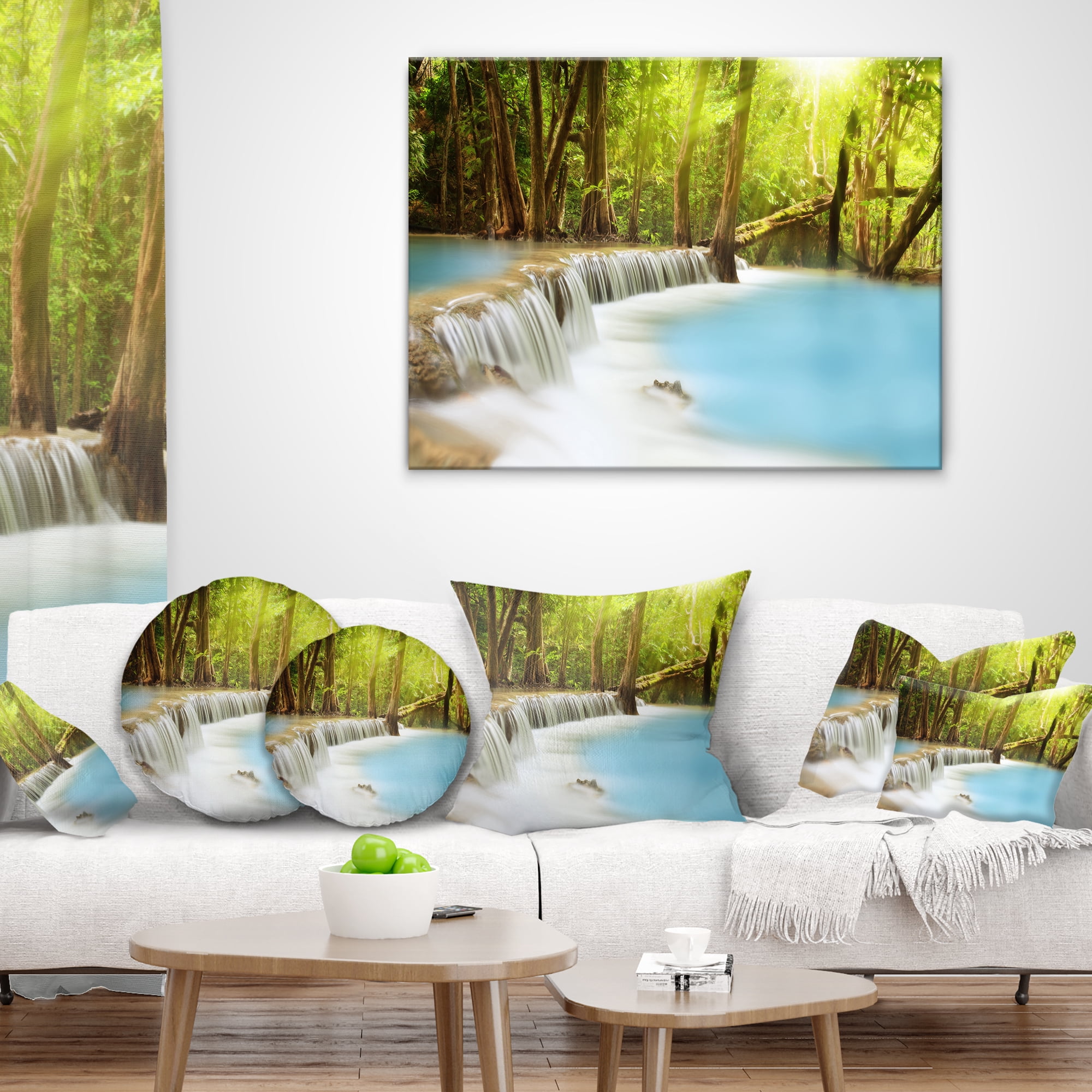 Designart Waterfall of Huai Mae Kamin - Landscape Printed Throw Pillow - 12x20