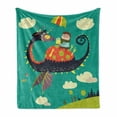 thumbnail image 1 of Cartoon Soft Flannel Fleece Throw Blanket, Fantasy Theme Little Boy Riding a Dragon with Heart Shaped Tail over the Hills, Cozy Plush for Indoor and Outdoor Use, 70" x 90", Multicolor, by Ambesonne, 1 of 6