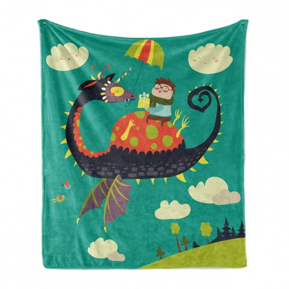 Cartoon Soft Flannel Fleece Throw Blanket, Fantasy Theme Little Boy Riding a Dragon with Heart Shaped Tail over the Hills, Cozy Plush for Indoor and Outdoor Use, 70" x 90", Multicolor, by Ambesonne