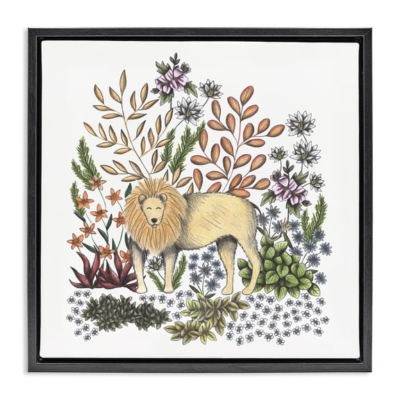 Jungle Wildlife Lion Black Framed Floater Canvas Wall Art, design by Cecilia Battaini