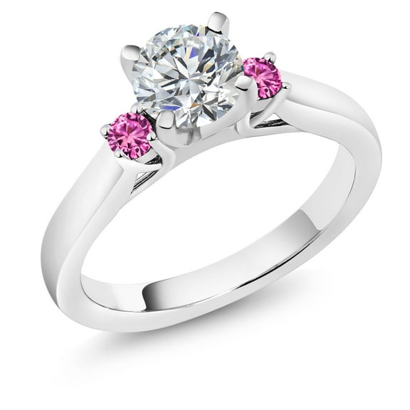 Gem Stone King 925 Sterling Silver Lab Grown Diamond and Pink Created Sapphire Engagement Ring for Women | 0.84 Cttw | Round 6MM | Gemstone April Birthstone | Size 9
